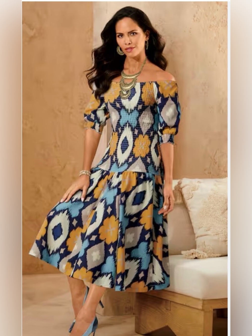 Midnight Velvet Linen Cotten Geometric MIDI Summer Vacation Cruise Smocked Dress